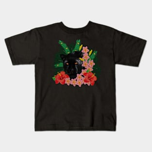 Black leopard Panther, Tropical Floral, Big Cat Kids T-Shirt